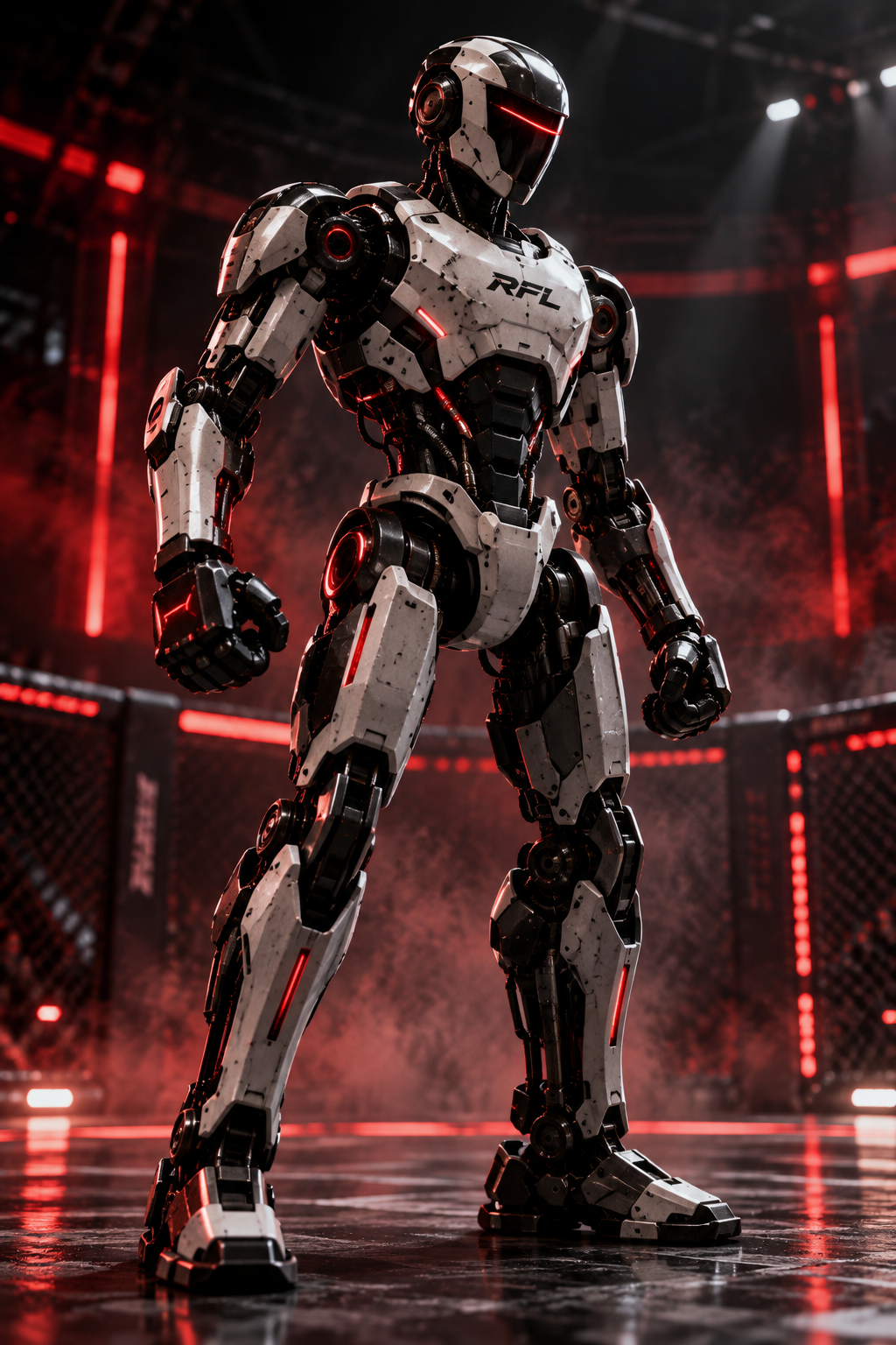 RFL humanoid fighting robot in the red-lit arena
