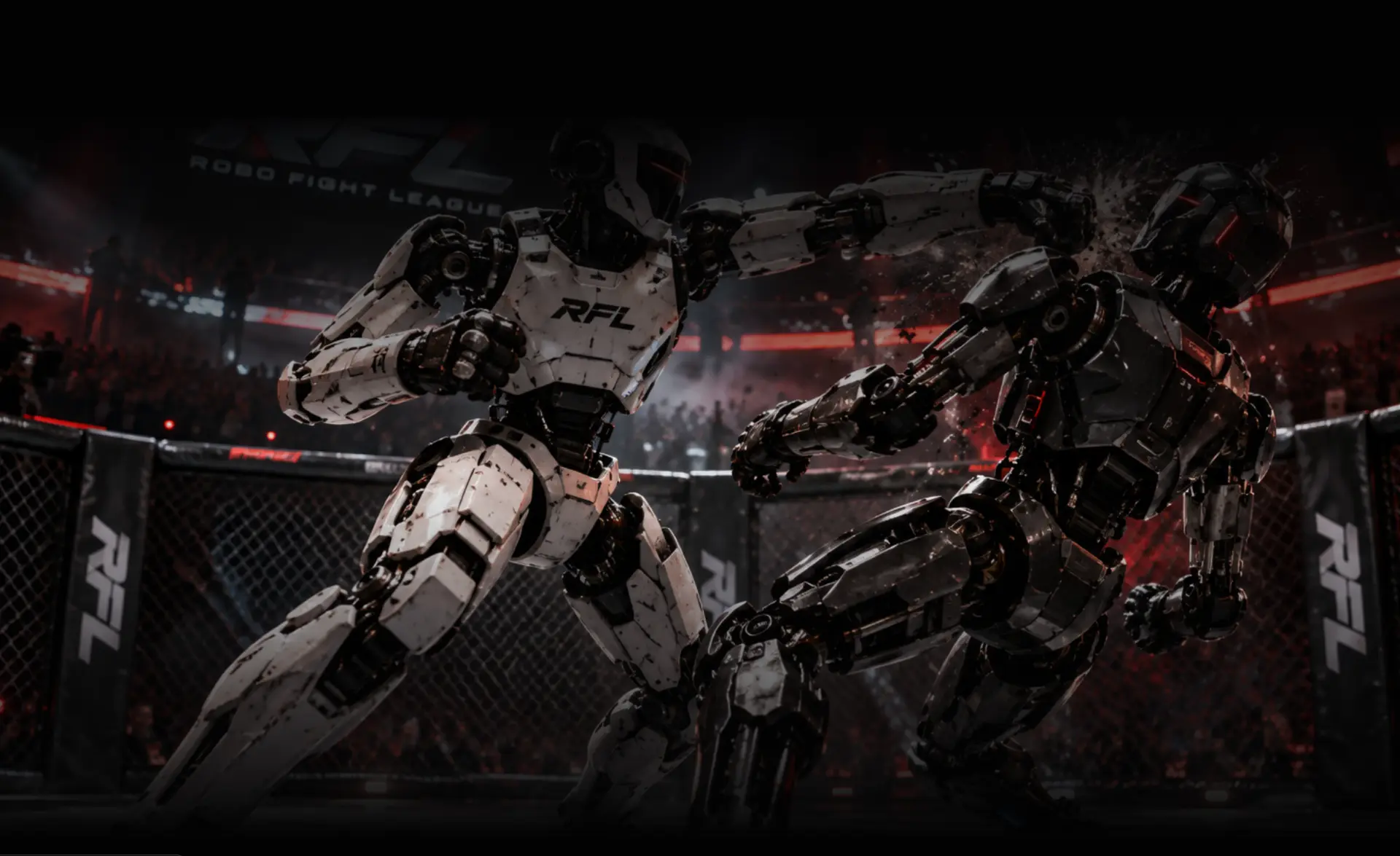 Two humanoid robot fighters exchanging blows in the RFL arena